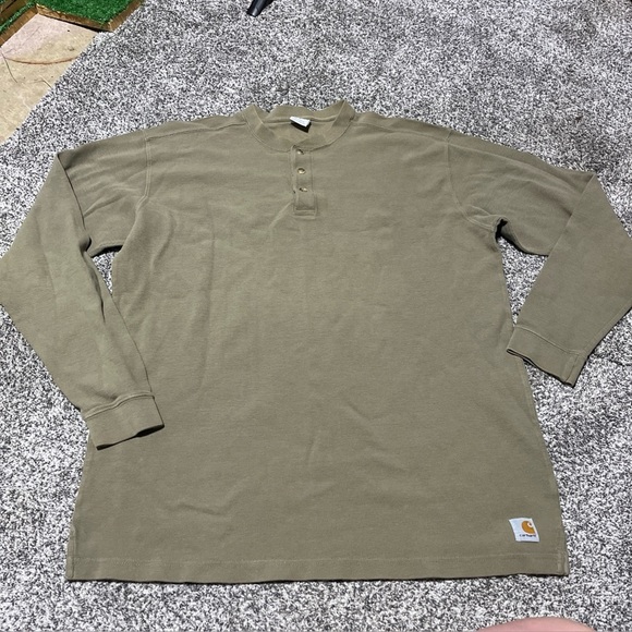 Carhartt Thermal Shirt Mens Large Dark Khaki Long Sleeve T Waffle Knit Henley - Picture 1 of 7